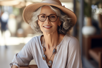 Femme élégante portant des vêtements chic et décontractés à 60 ans