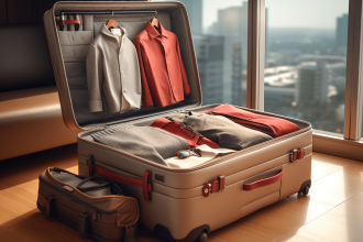 valise XXL Delsey ouverte avec des vêtements et accessoires à l'intérieur