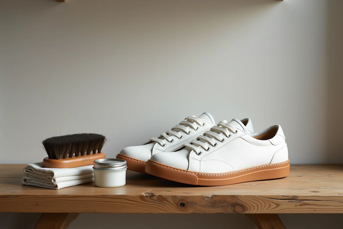 Baskets françaises blanches propres et leurs accessoires d'entretien disposés sur une étagère en bois rustique, brosse, conditionneur et chiffon microfibre