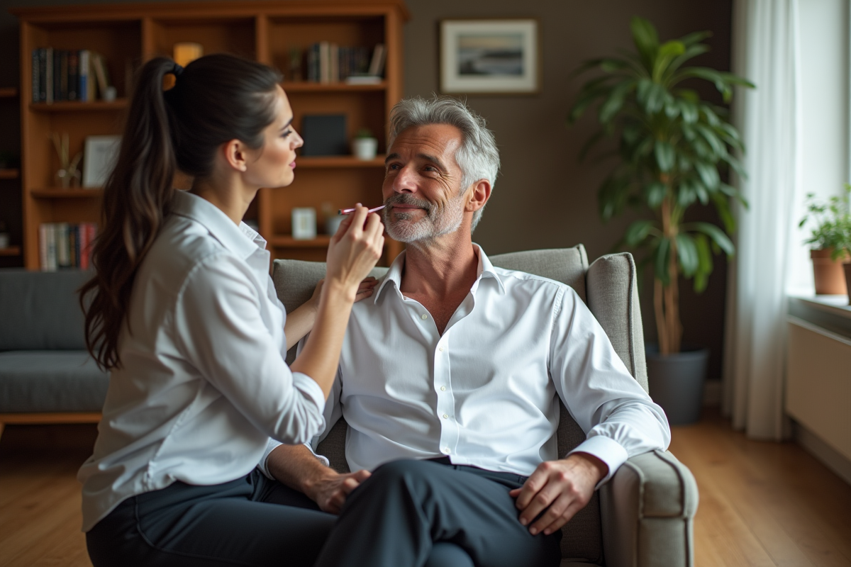 Acteur détendu recevant un maquillage dans un salon moderne