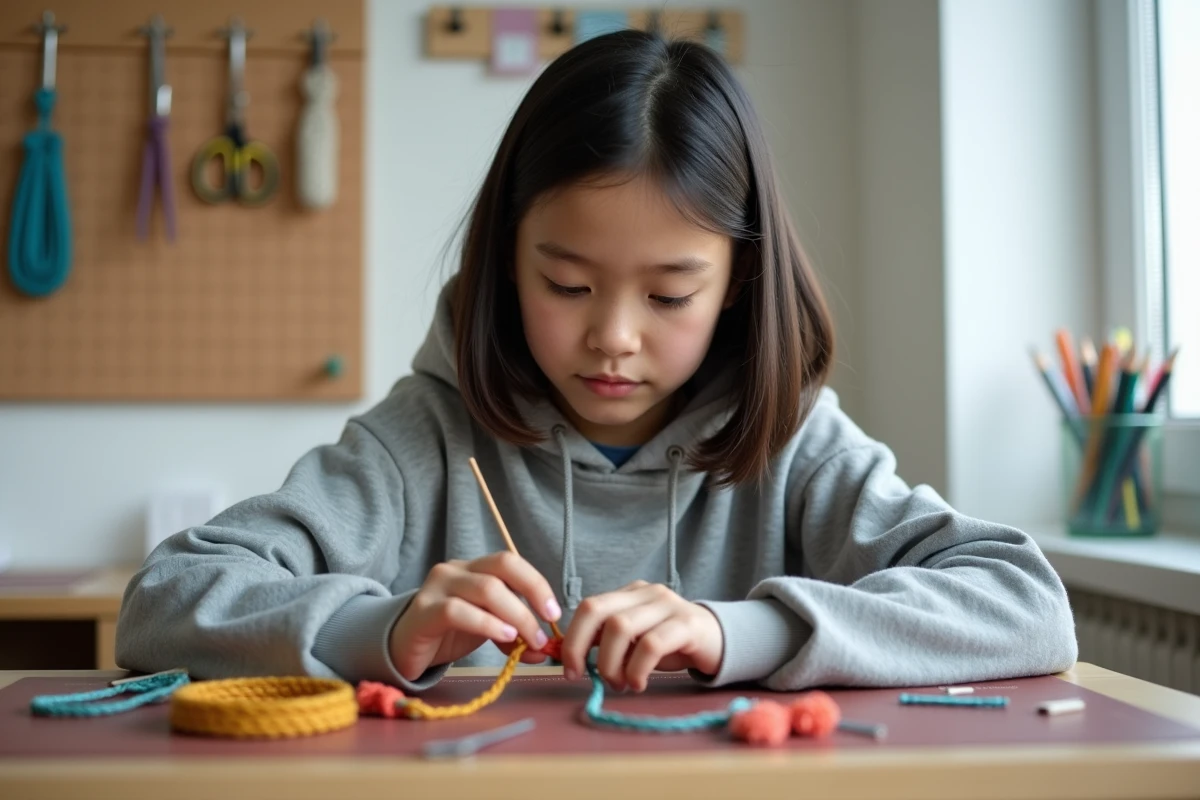 Adolescente tressant un bracelet brésilien coloré à une table de bricolage organisée avec des fils d'embroiderie
