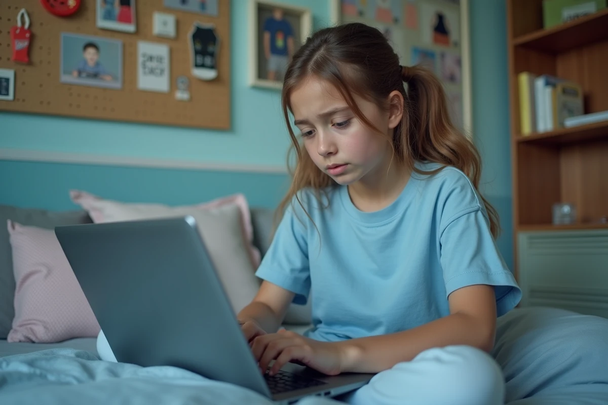 Adolescente sur son ordinateur tentant d'annuler une commande sur un site de mode en ligne depuis sa chambre