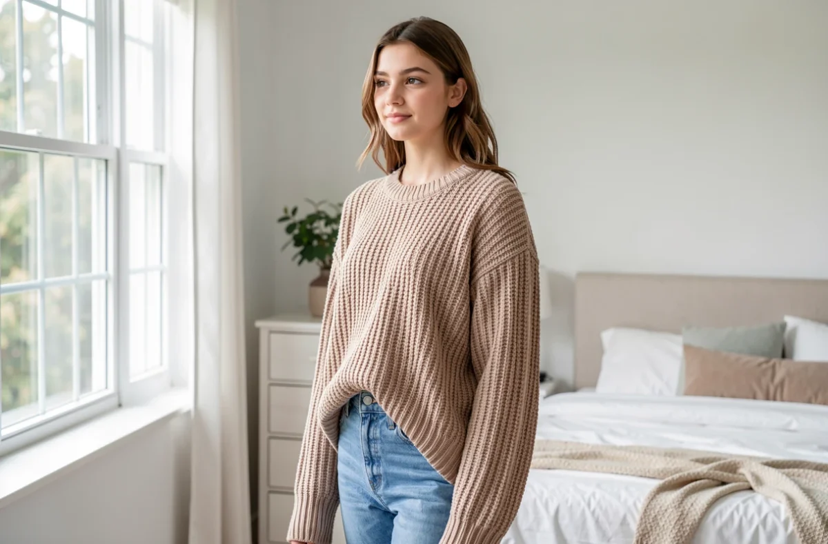Adolescente en pull oversize en grosse maille beige et jean taille haute