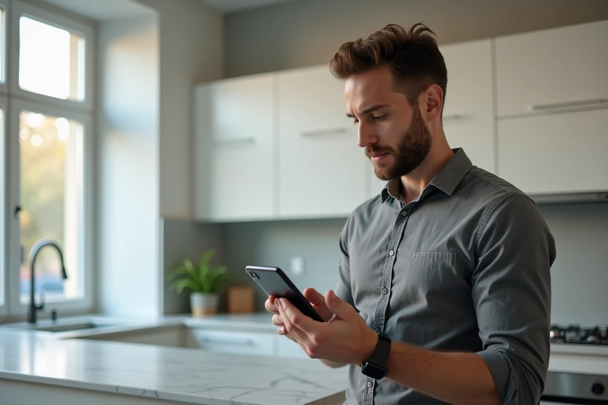 Homme consultant l'espace habillement La Poste sur smartphone pour modifier ses coordonnées depuis chez lui