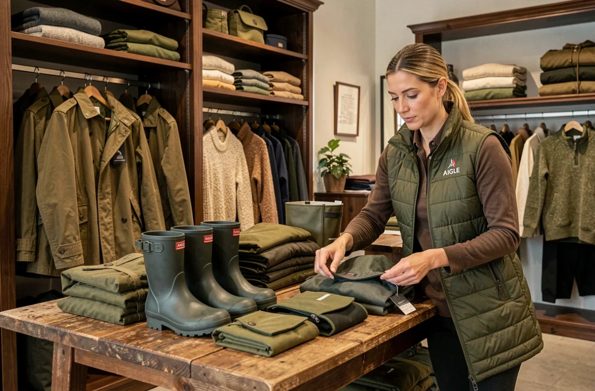 Vendeuse arrangeant un présentoir dans la boutique Aigle à Tours spécialisée dans les vêtements outdoor