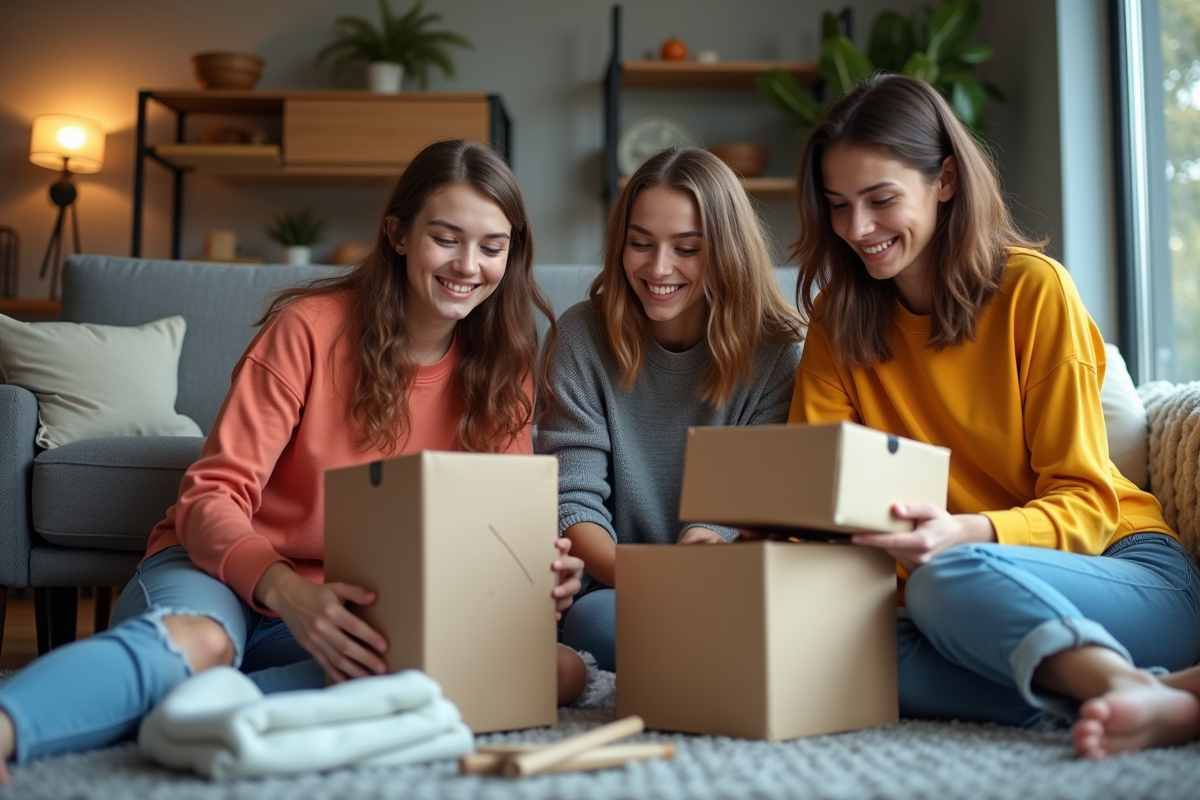 Trois amis découvrant de nouveaux vêtements chez eux