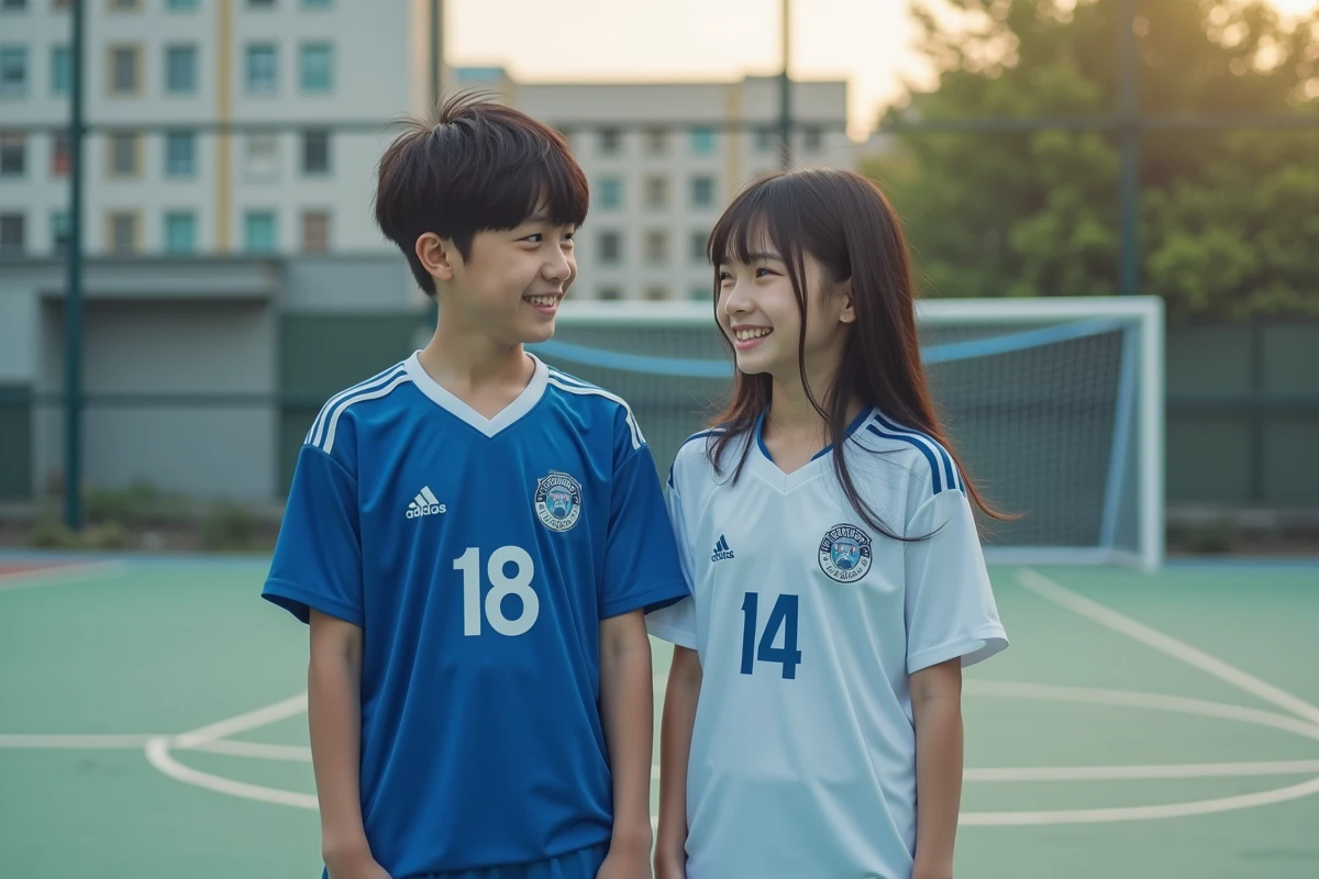 Deux adolescents portant des maillots Blue Lock sur un terrain de foot urbain, souriant et comparant leurs tenues