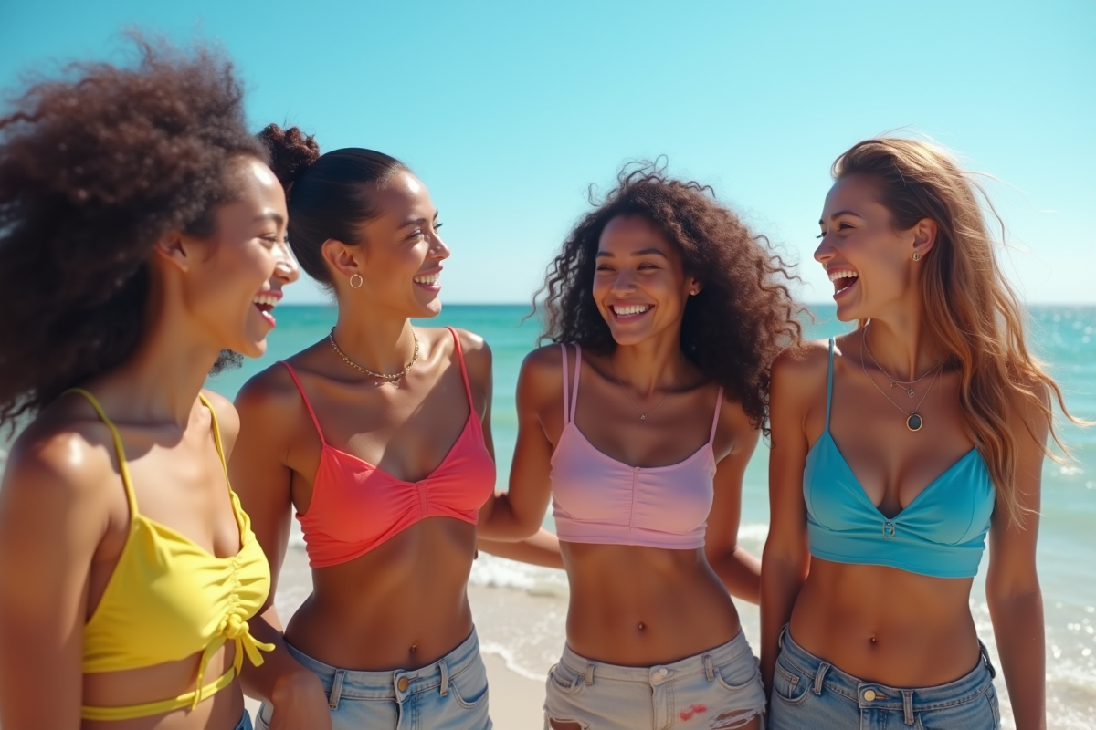 Groupe d amis à la plage en crop tops et shorts en été