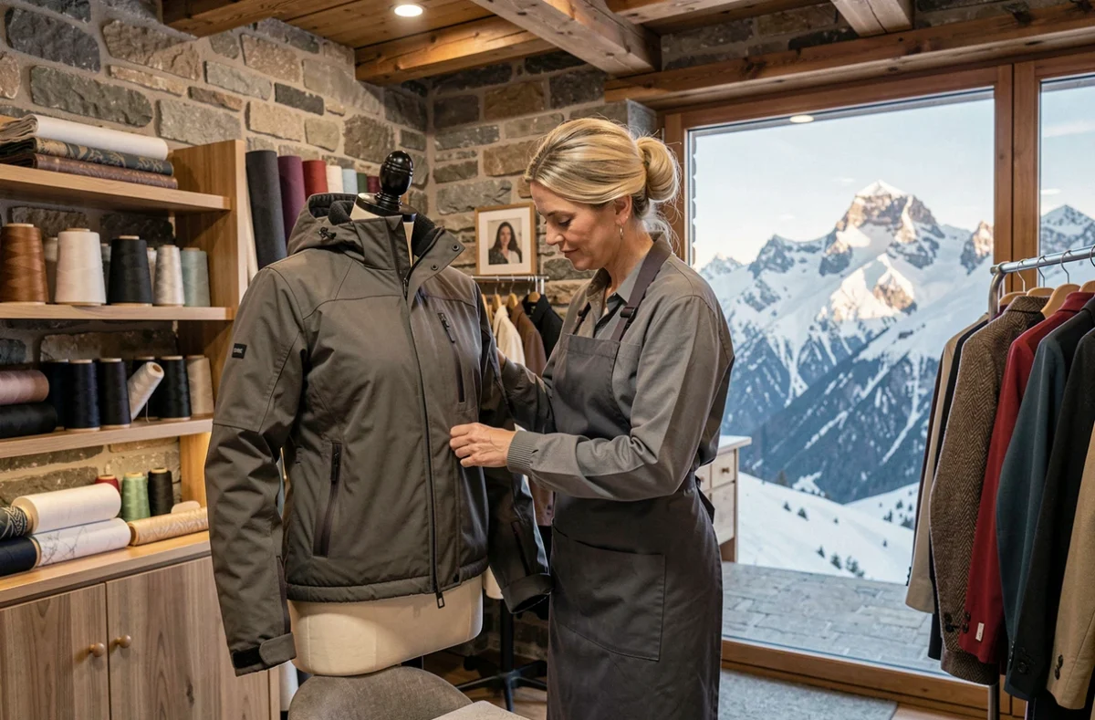 Couturière d'Anne-Sophie Couture à Val-d'Isère retouchant une veste de ski de luxe avec panorama montagnard en arrière-plan