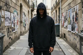 Artiste hip-hop anonyme en hoodie noir dans une ruelle parisienne avec graffitis