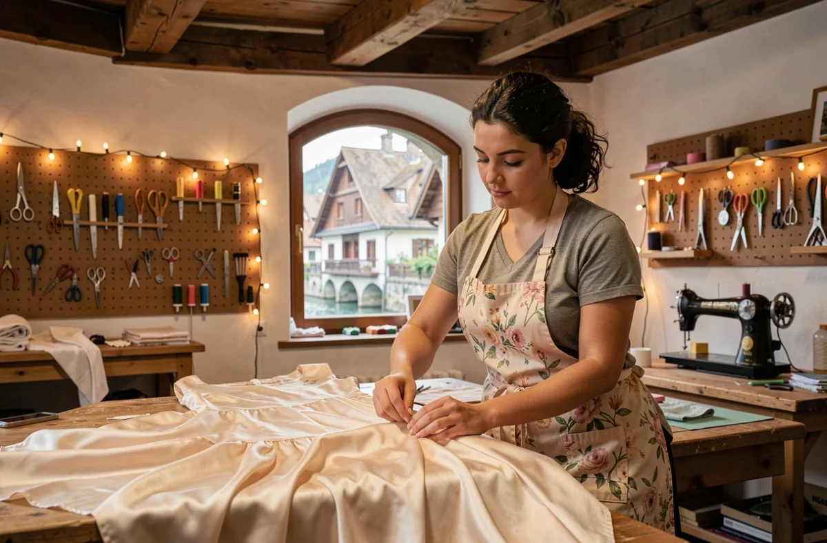 Artisane de L'Atelier du 1er à Annecy cousant à la main l'ourlet d'une robe en soie dans un atelier aux poutres apparentes