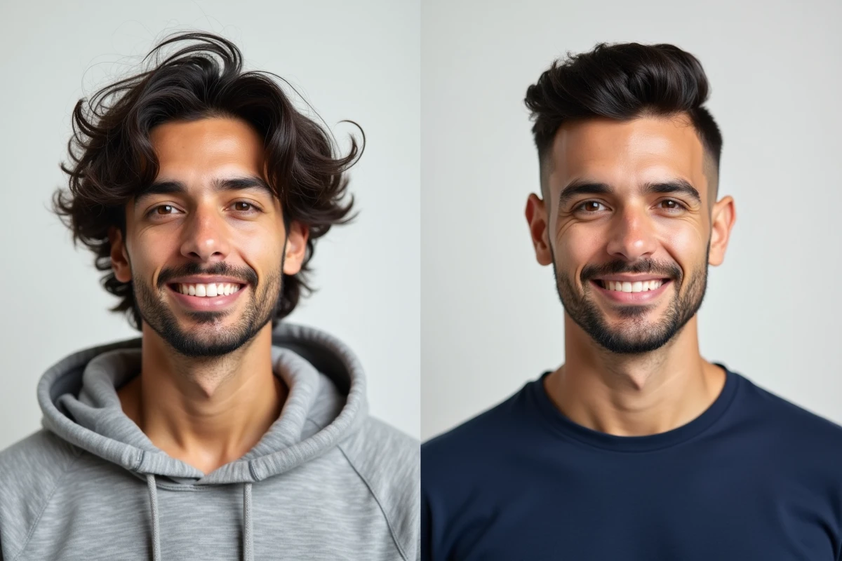 Comparaison avant après d'un homme avec et sans dégradé espagnol, montrant l'effet de la coupe sur la structure du visage