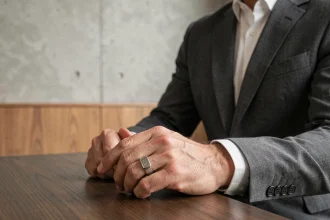 Homme en costume portant une bague en argent au petit doigt, symbole d'indépendance et de style masculin