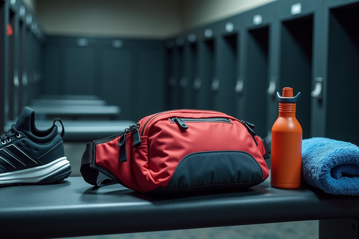 Banc de vestiaire avec sac coloré et accessoires de sport