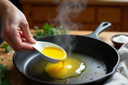 Mains de chef versant du beurre clarifié doré dans une poêle en fonte fumante sur un plan de travail rustique en bois