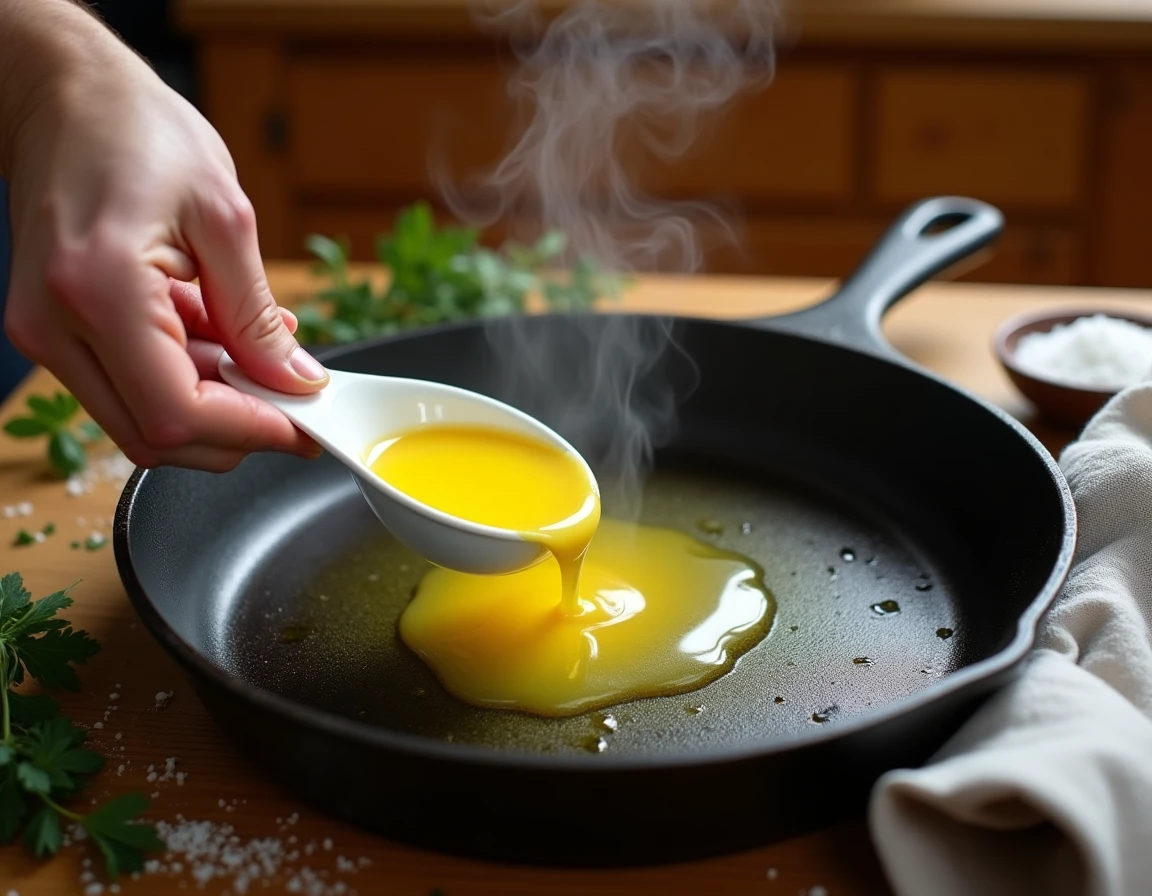 Mains de chef versant du beurre clarifié doré dans une poêle en fonte fumante sur un plan de travail rustique en bois