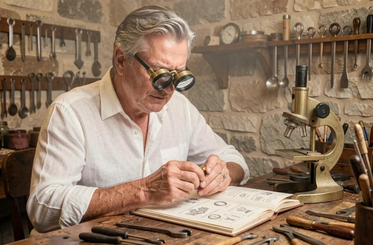Bijoutier spécialisé identifiant le poinçon tête d'aigle d'une bague en or ancienne à l'atelier avec livres de référence et microscope