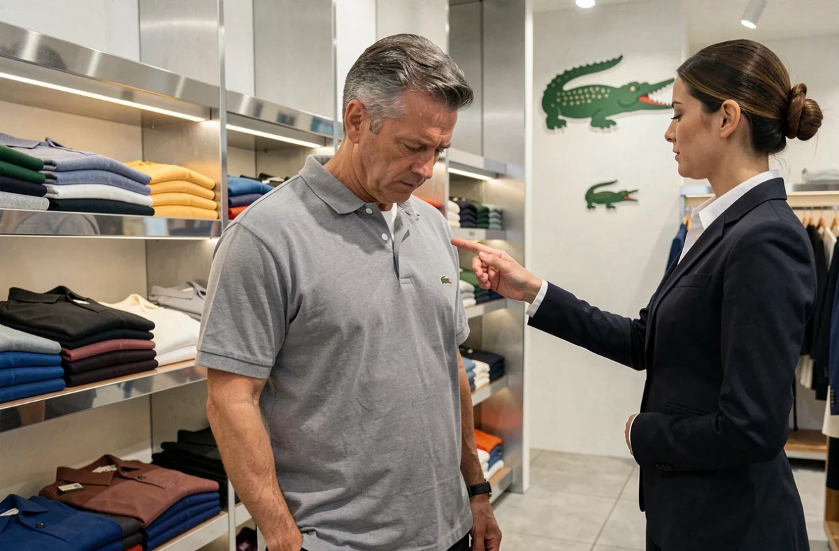 Client et vendeur en boutique Lacoste discutant du choix de taille d'un polo