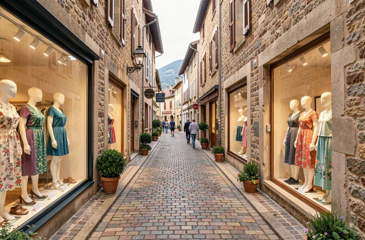 Rue commerçante pittoresque de l'Ain avec des boutiques de prêt-à-porter féminin aux vitrines élégantes