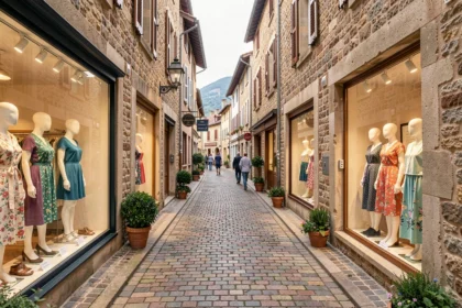 Rue commerçante pittoresque de l'Ain avec des boutiques de prêt-à-porter féminin aux vitrines élégantes