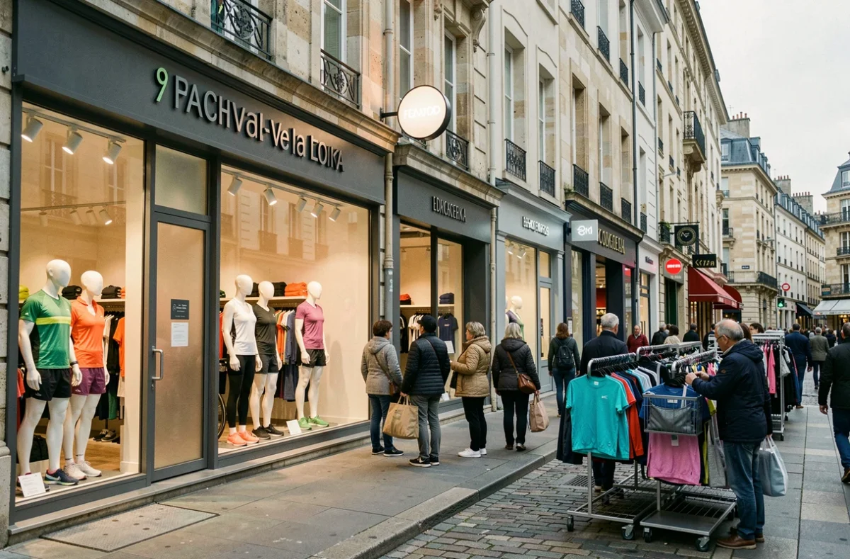 Vue panoramique d'une rue commerçante animée avec des boutiques de vêtements de sport en Centre-Val de Loire