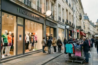 Vue panoramique d'une rue commerçante animée avec des boutiques de vêtements de sport en Centre-Val de Loire