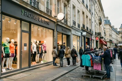 Vue panoramique d'une rue commerçante animée avec des boutiques de vêtements de sport en Centre-Val de Loire