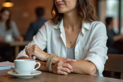 Jeune femme ajustant un bracelet cordon tressé à son poignet dans un café urbain rustique