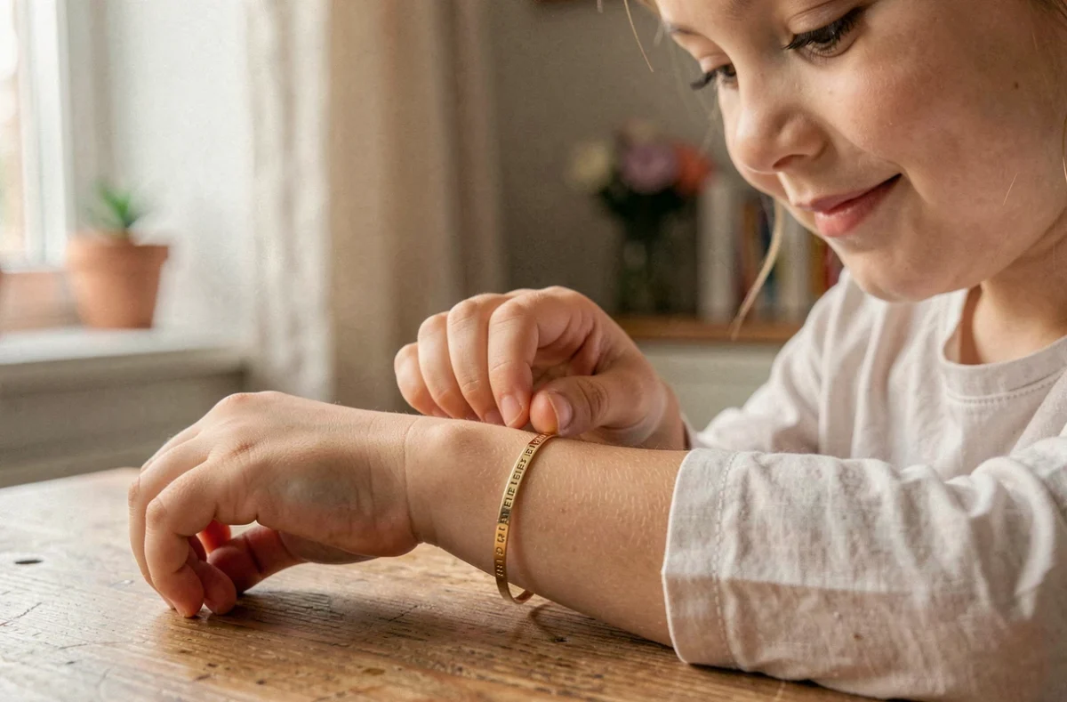 Bracelet en or gravé porté au poignet d'une petite fille avec message personnalisé visible en gros plan