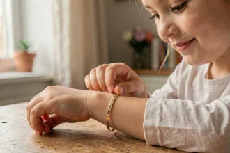 Bracelet en or gravé porté au poignet d'une petite fille avec message personnalisé visible en gros plan