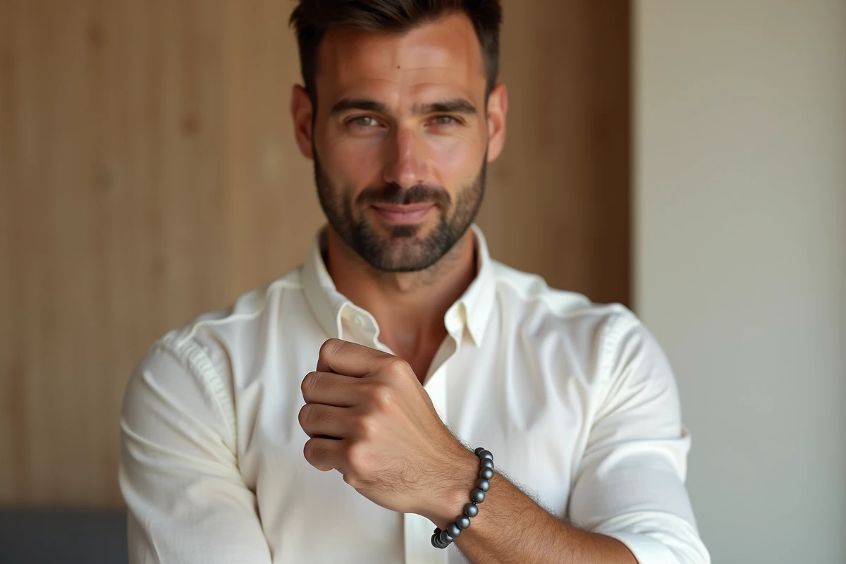 Bracelet perle homme en perles grises portées au poignet par un homme en chemise en lin