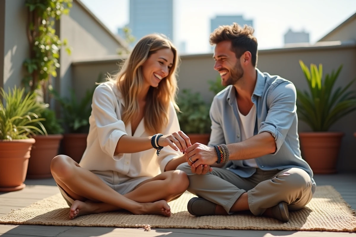 Deux amis comparant leurs bracelets cordon sur un rooftop urbain végétalisé