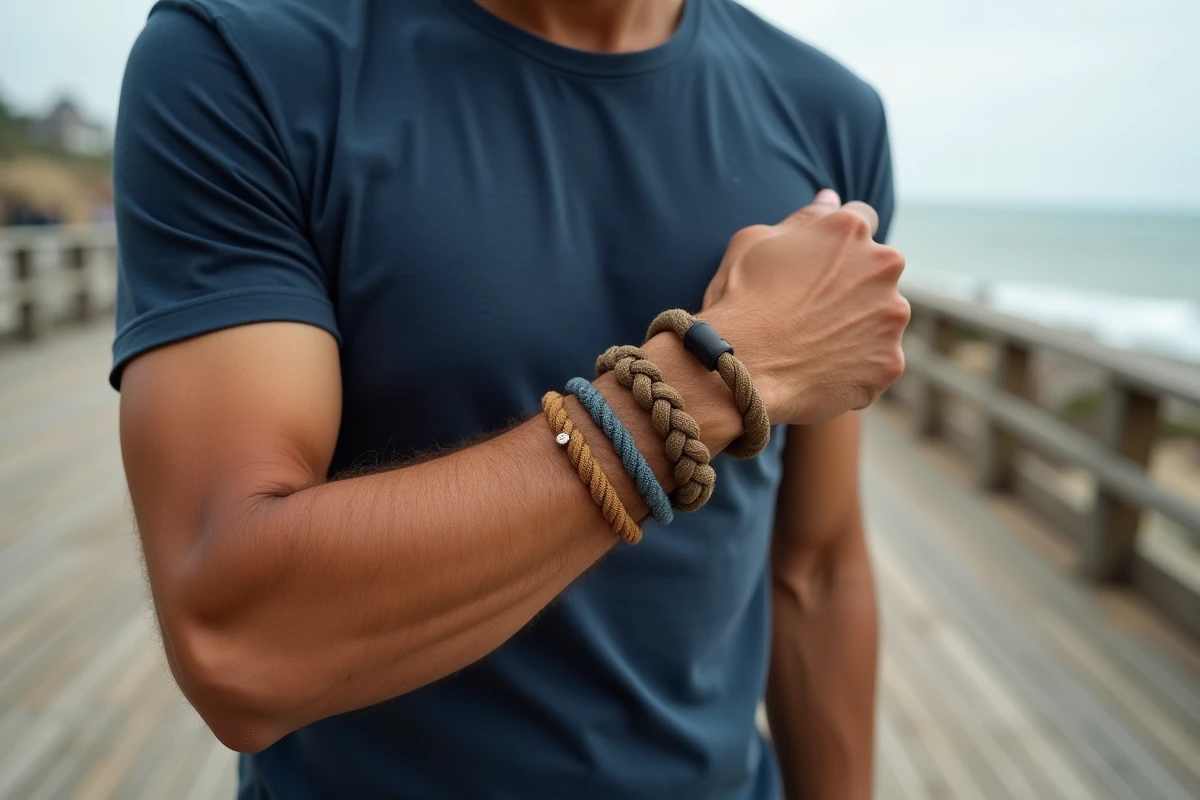 Homme portant des bracelets cordon en bord de mer sur une promenade côtière en été