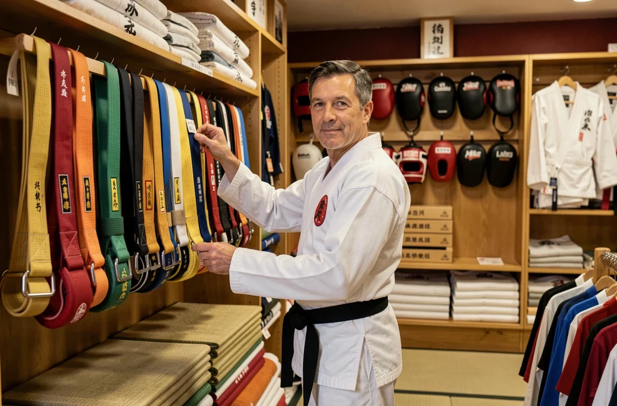 Propriétaire de la boutique Budo Spirit à Chambray-lès-Tours présentant des équipements d'arts martiaux