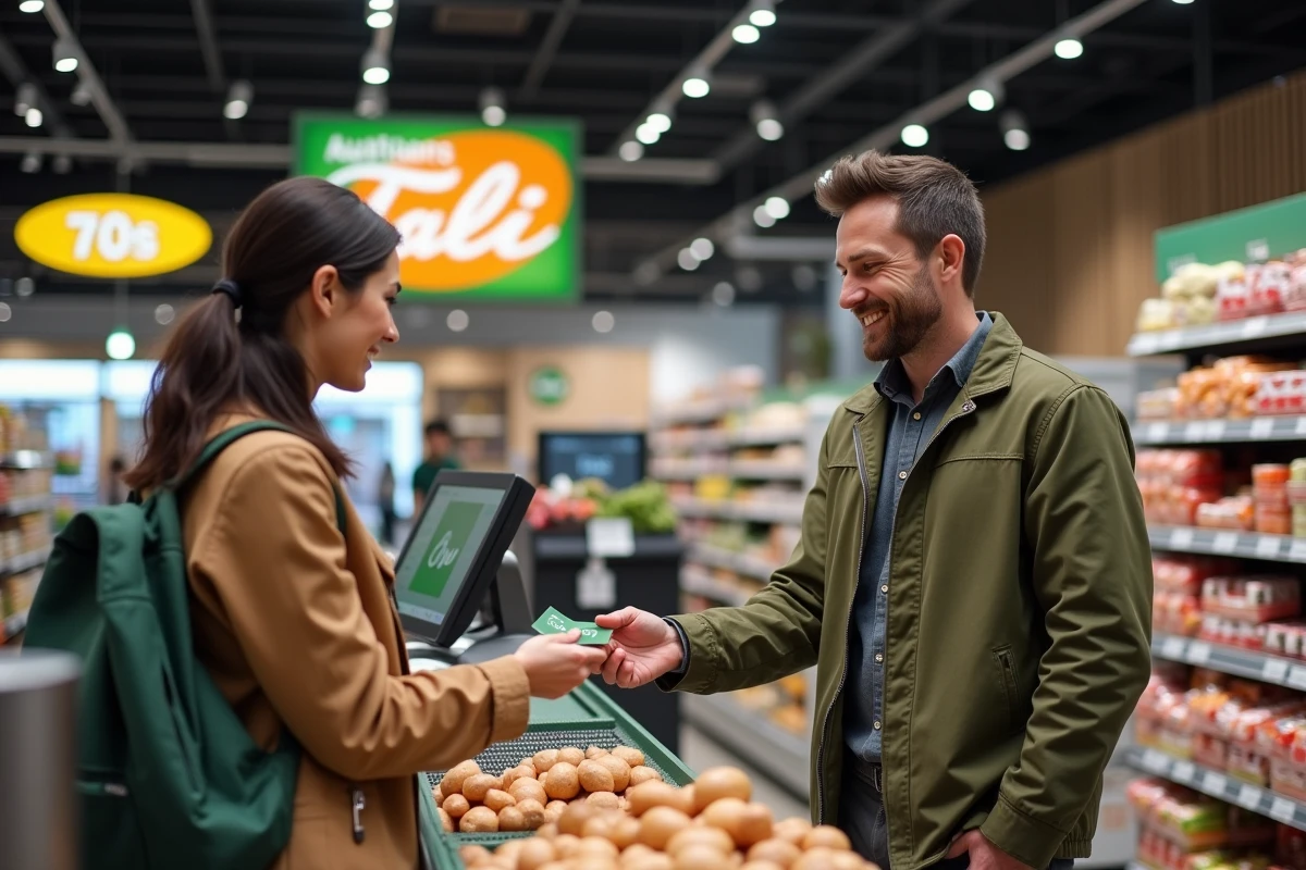 Client utilisant une carte de fidélité à la caisse du magasin Dancharia avec une caissière souriante