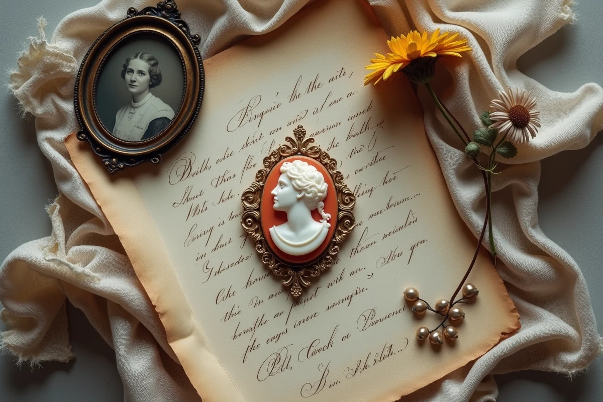 Composition éditoriale à plat d'un camée victorien entouré d'une lettre manuscrite ancienne, d'un daguerréotype et de fleurs séchées évoquant la symbolique historique du bijou