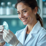 Chercheuse en laboratoire avec plaque petri et sourire
