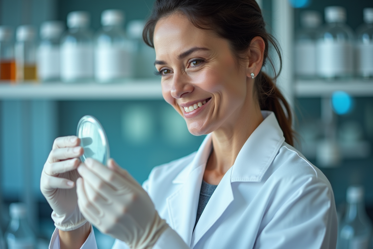 Chercheuse en laboratoire avec plaque petri et sourire
