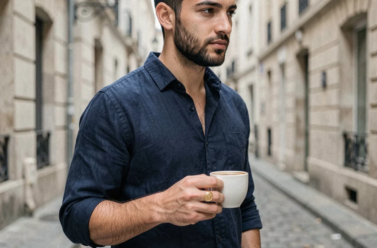 Jeune homme barbu portant une chevalière dorée au petit doigt dans une rue pavée européenne