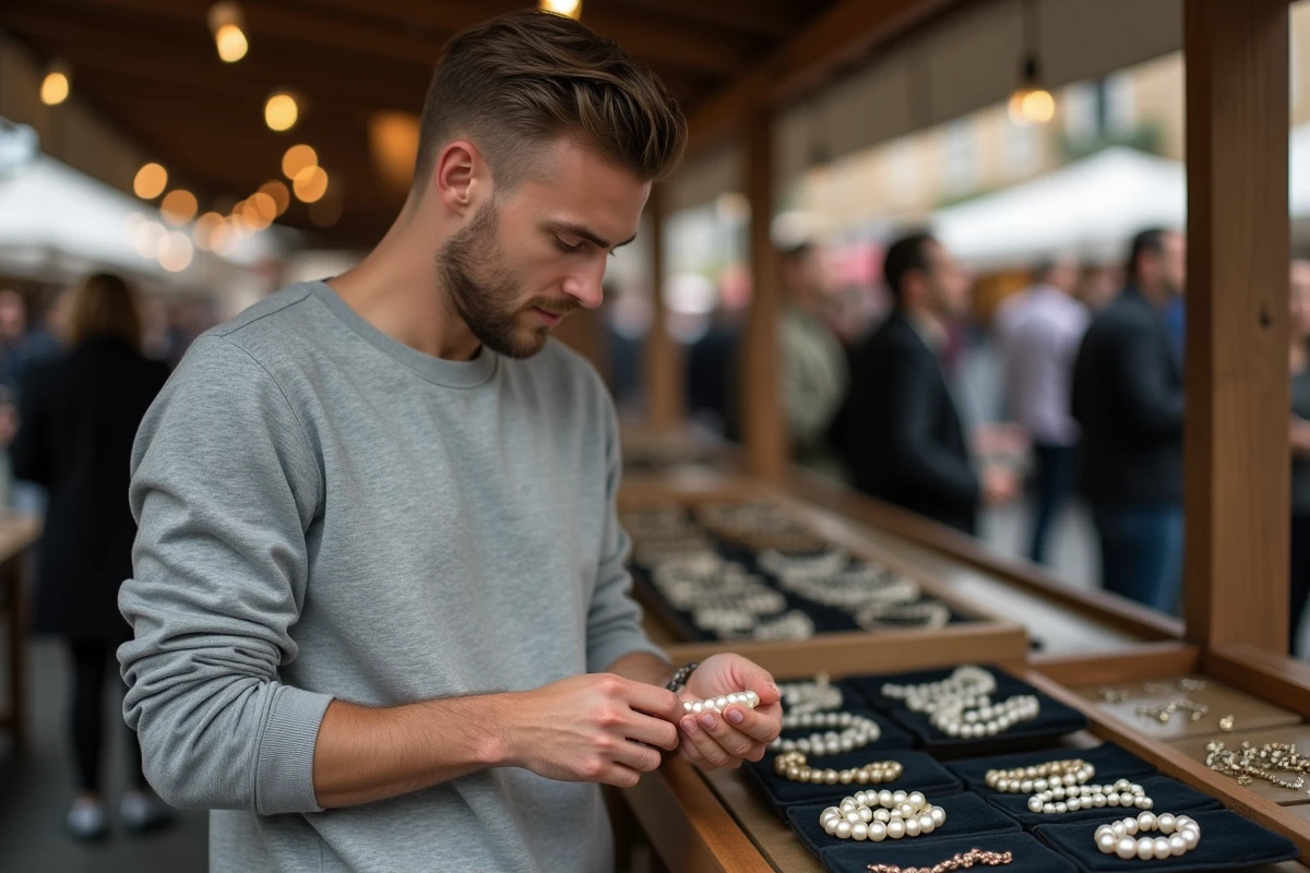 Jeune homme choisissant un bracelet en perles akoya blanches sur un marché artisanal
