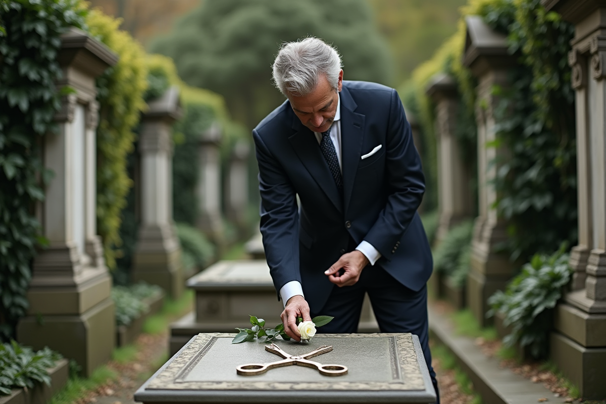 Couturier dans un cimetière parisien déposé une rose