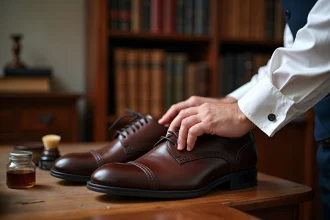 Homme appliquant un cirage de luxe sur des chaussures Oxford en cuir brun sur un bureau en bois élégant