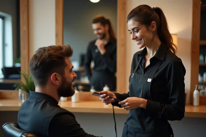 Coiffeuse professionnelle conseillant un client dans un salon moderne