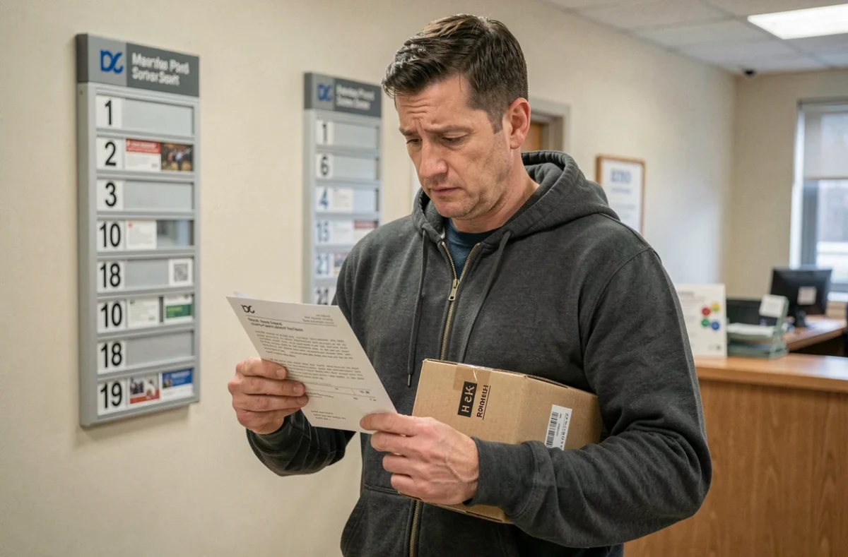 Homme tenant un colis retourné dans un bureau de poste après non-récupération par un vendeur Vinted