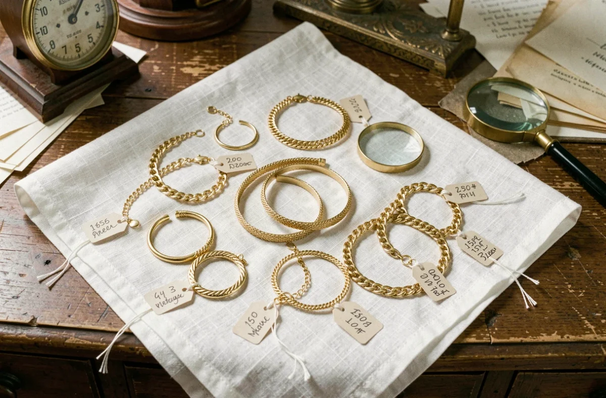 Collection de bracelets en or de différents styles disposés sur lin blanc avec étiquettes de prix pour comparer les tarifs