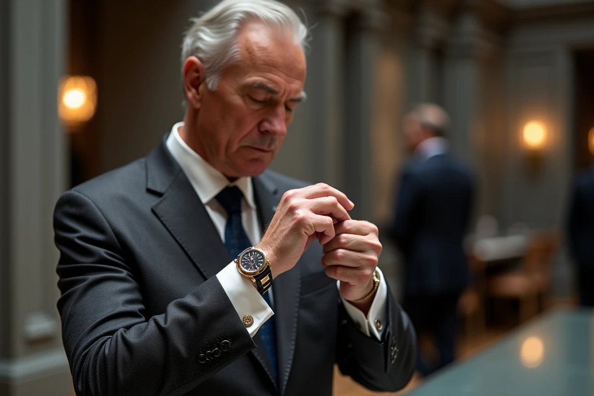 Collectionneur distingué inspectant une montre ultra-luxueuse lors d'une vente aux enchères privée