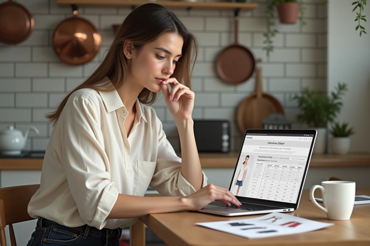 Femme consultant un guide des tailles Halara sur ordinateur avant de passer une commande en ligne