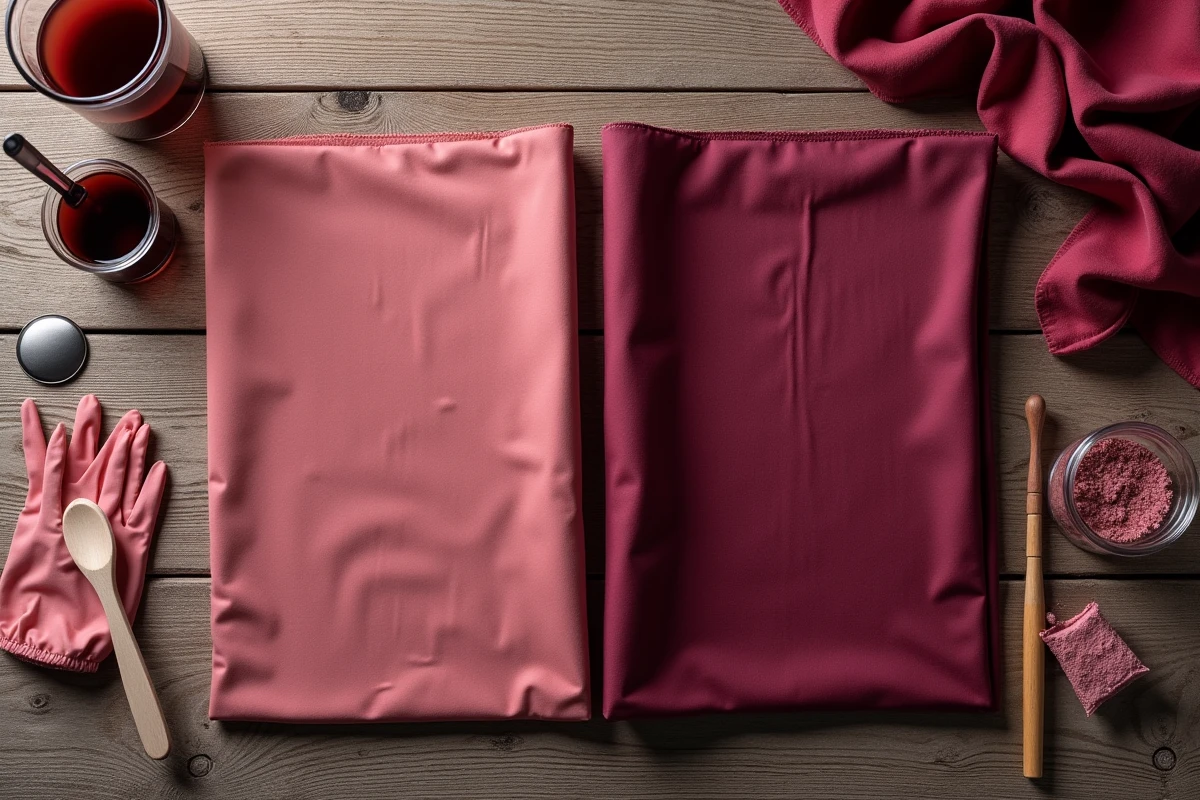 Comparaison de deux échantillons de tissu polyester côte à côte, l'un avec une couleur fanée et l'autre après correction de la teinture, avec les produits utilisés