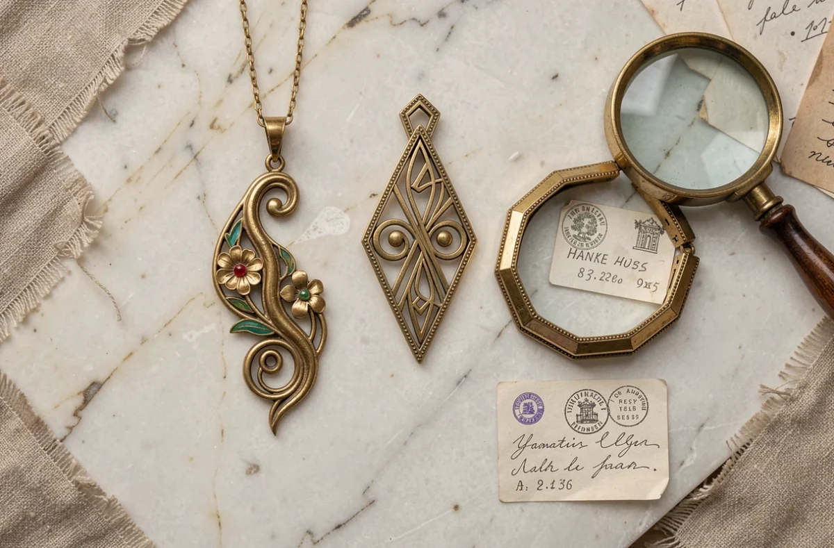 Comparaison flat-lay de bijoux Art nouveau et Art déco anciens avec poinçons et fiches de référence sur marbre blanc