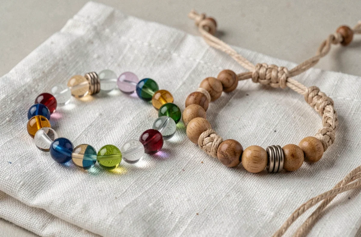 Comparaison de deux bracelets faits main, l'un avec des perles en verre sur cordon élastique, l'autre avec des perles en bois sur cordon coton ciré